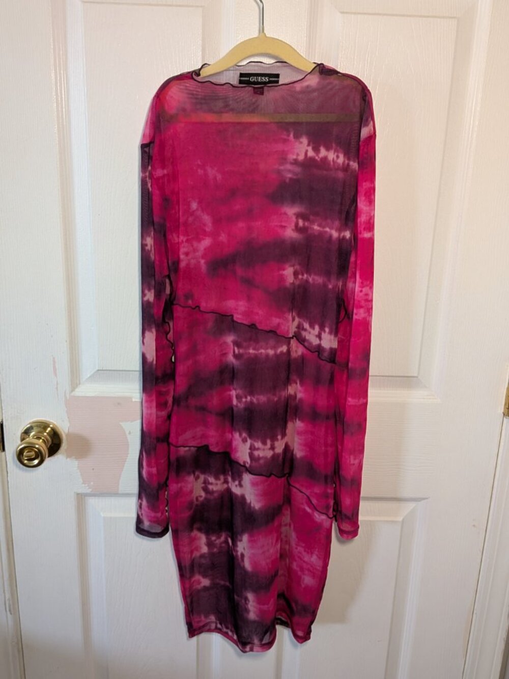 GUESS Pink & Purple Tie-Dye Mesh Long Sleeve Bodycon Mini Dress